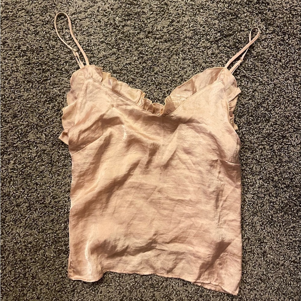 Rose Gold Free People Satin Slip Ruffle Tank Top Blouse